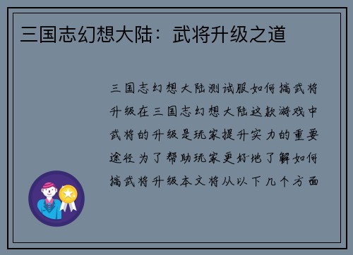 三国志幻想大陆:武将升级之道